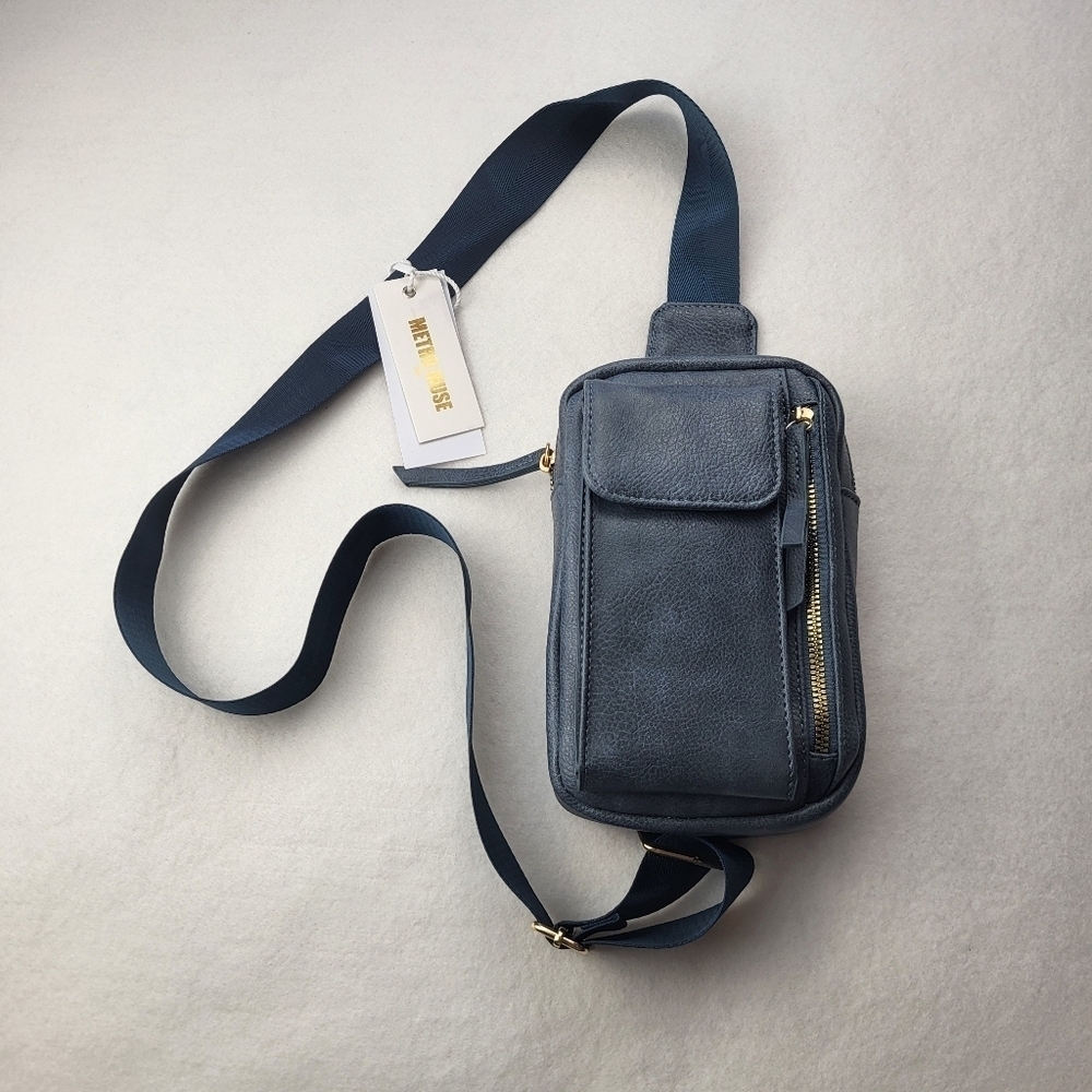 Metro Muse Crossbody Bag Slate Blue Faux Leather Multipockets NWT